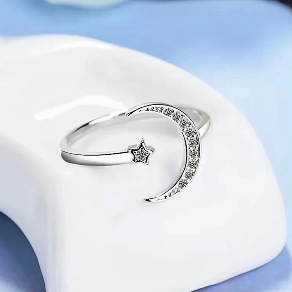 Silver Crescent Moon & Star Resizeable Ring - Picture 3 of 5